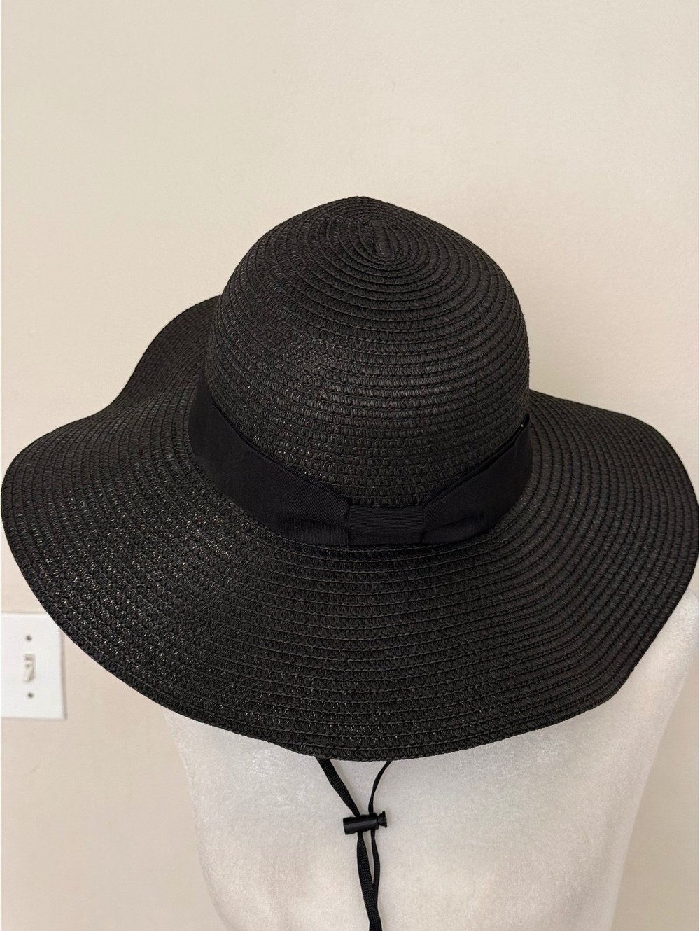 Women’s Black Wide Brim Floppy Sun Hat Ribbon Bow Adjustable Chin Strap